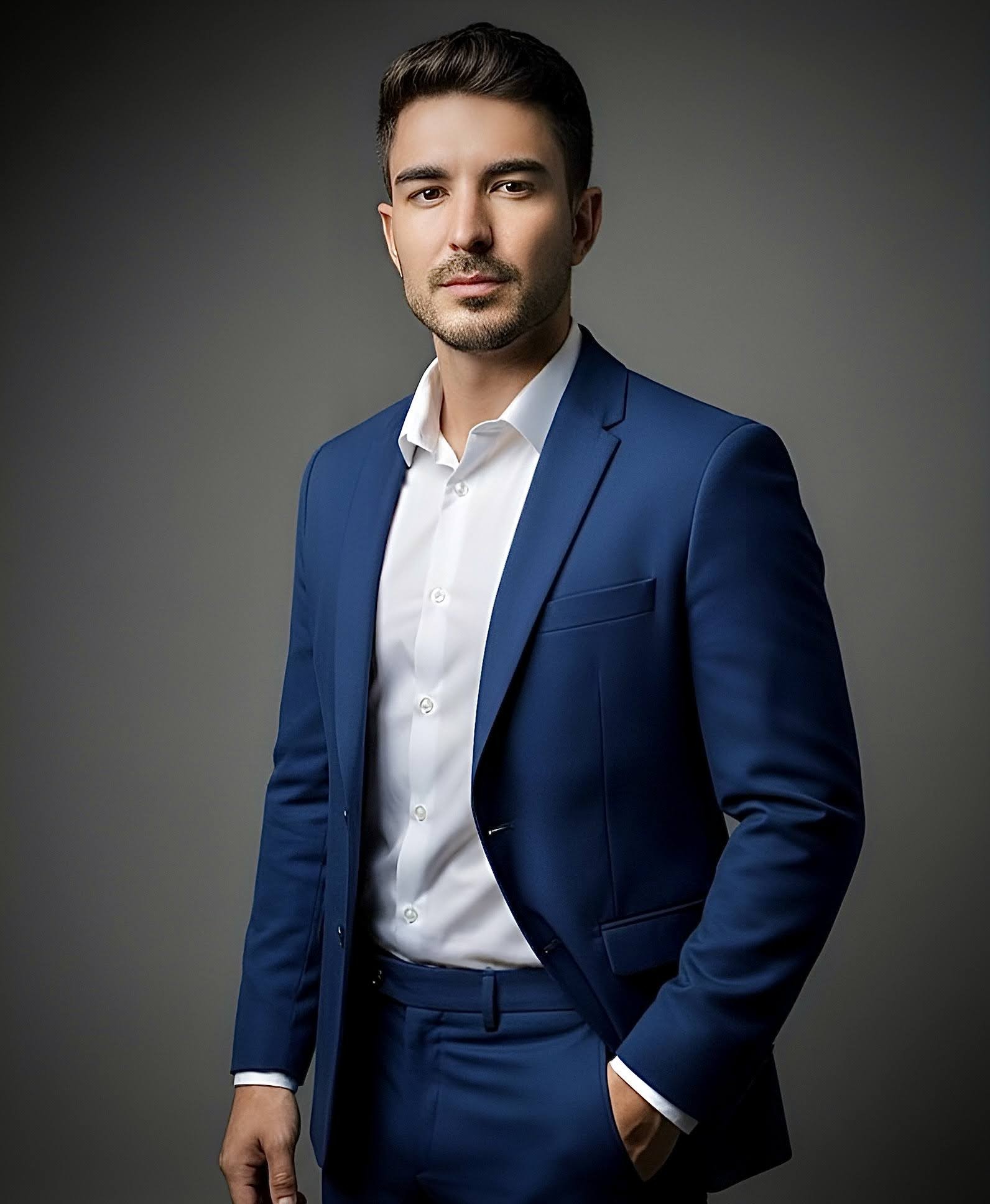 Rafael Batista em retrato de estúdio, terno azul