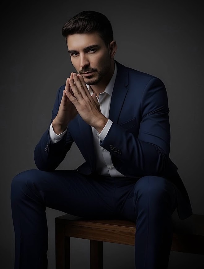 Rafael Batista sentado, mãos unidas, retrato de estúdio